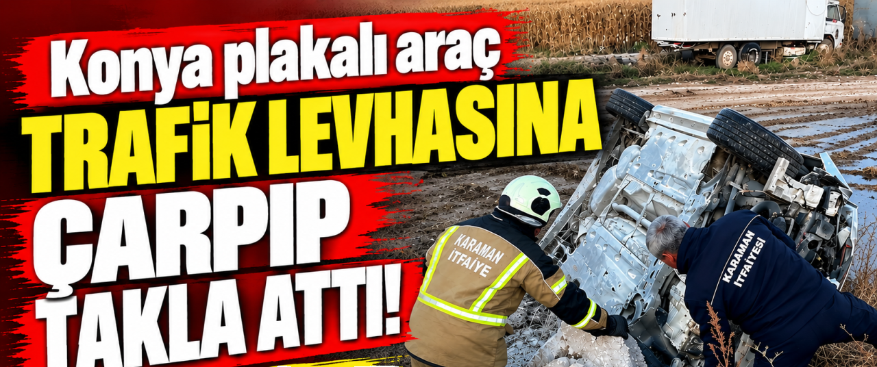Konya Plakalı Araç Trafik Levhasına Çarpıp Takla Attı
