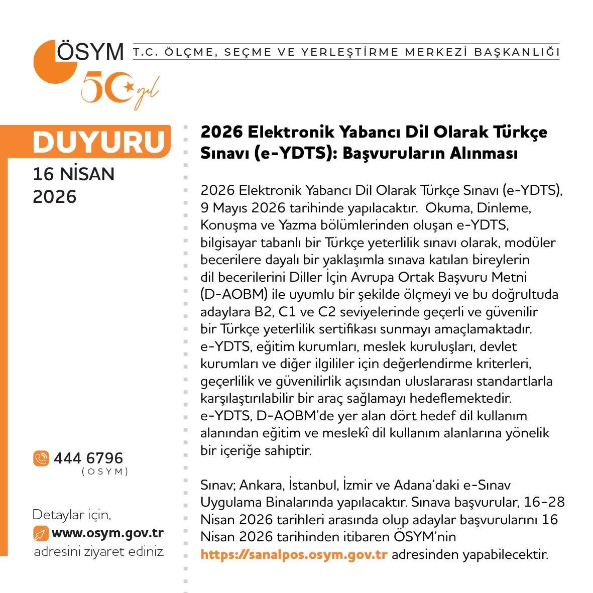 ÖSYM’den Türkiye’de bir ilk: e-YDTS başvuruları açıldı
?v=1
