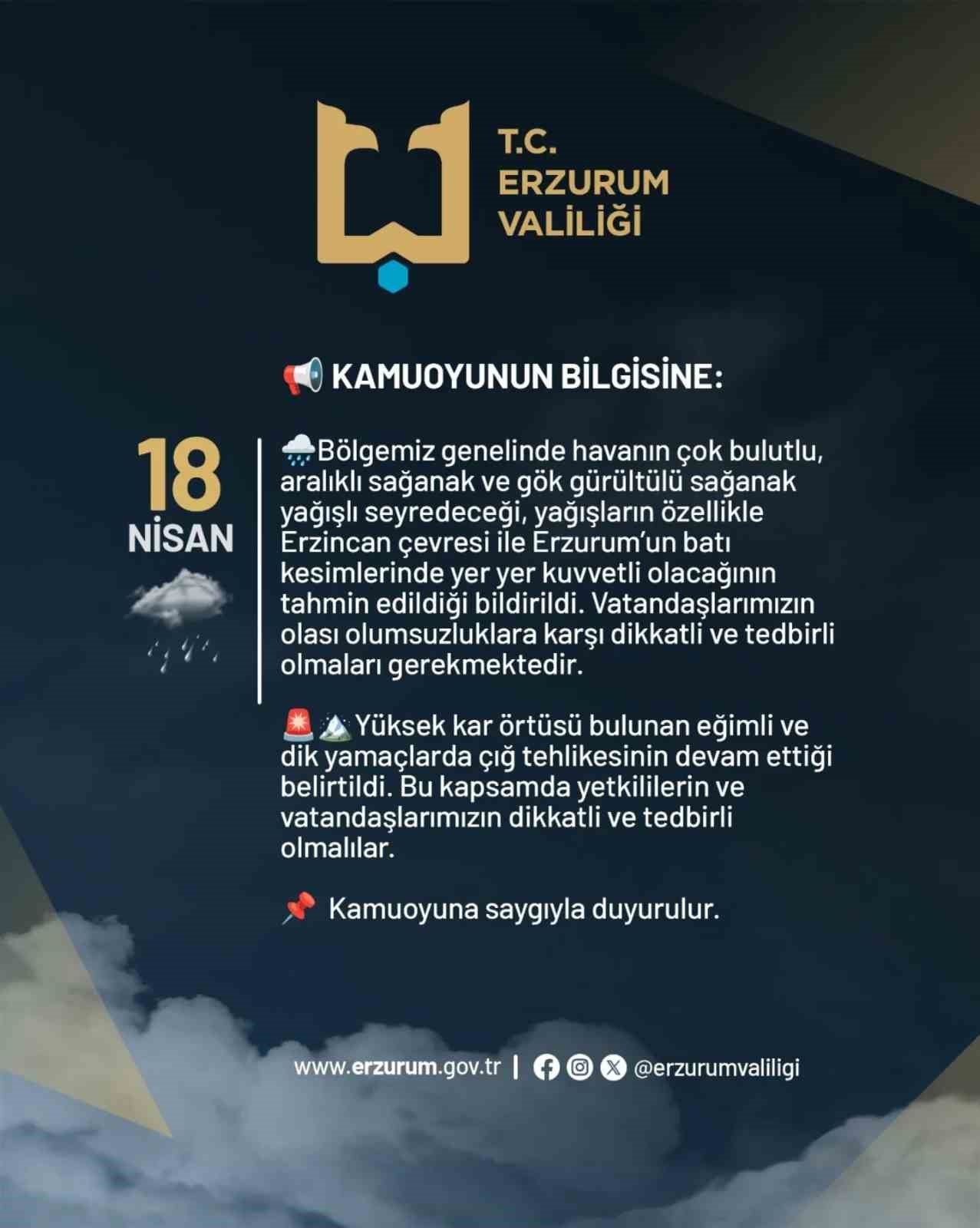 Erzurum Valiliğinden kuvvetli yağış uyarısı
?v=1