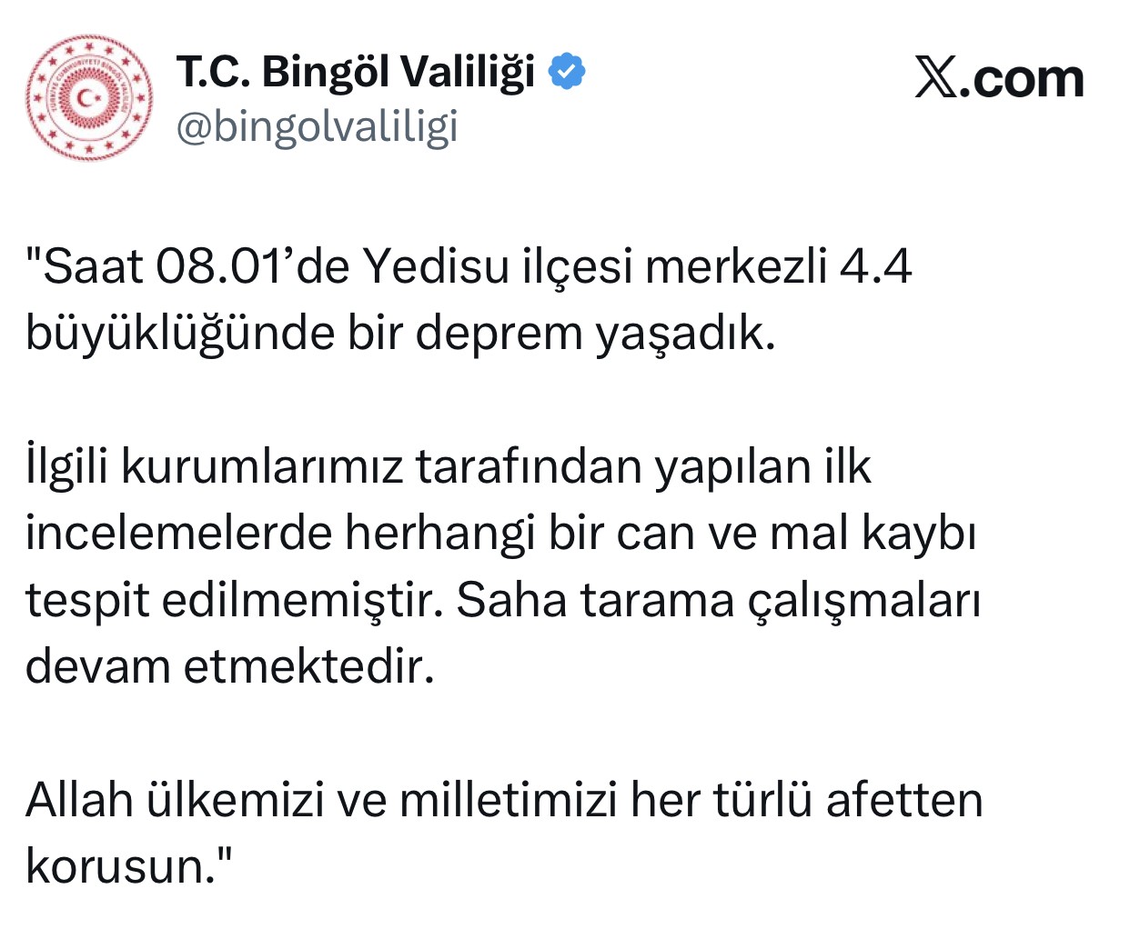 Bingöl Valiliği:  Saha tarama çalışmaları devam etmektedir 
?v=1